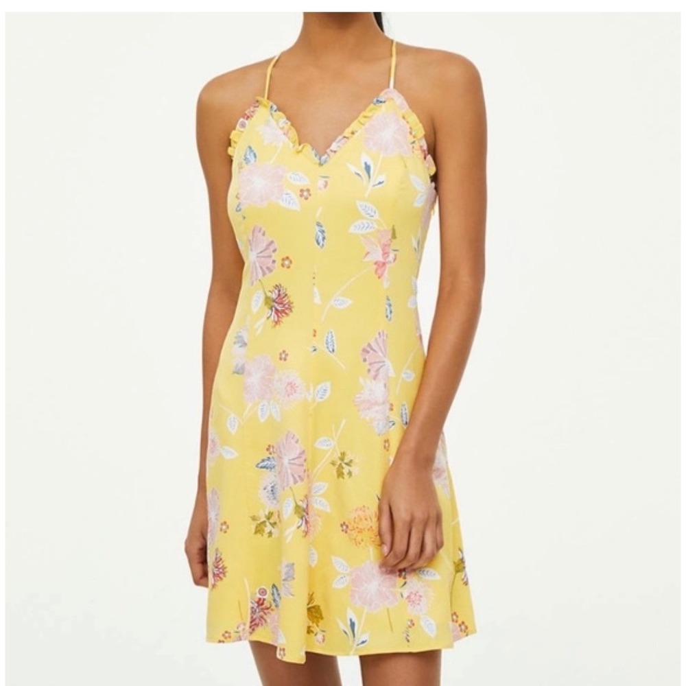 Loft Outlet Yellow Floral Ruffle V-Neck Mini Dress Sleeveless Size 0 488149